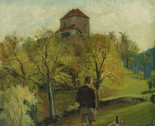 チロルのゼノブルク、c。 1831（カードに取り付けられた紙に油彩）